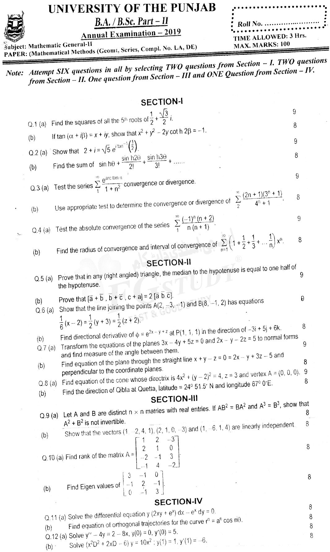 BSc Part 2 Mathematics General 2 Mathematical Methods Past Paper 2019 Punjab University
