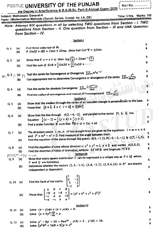 BSc Part 2 Mathematics General 2 Mathematical Methods Past Paper 2020 Punjab University