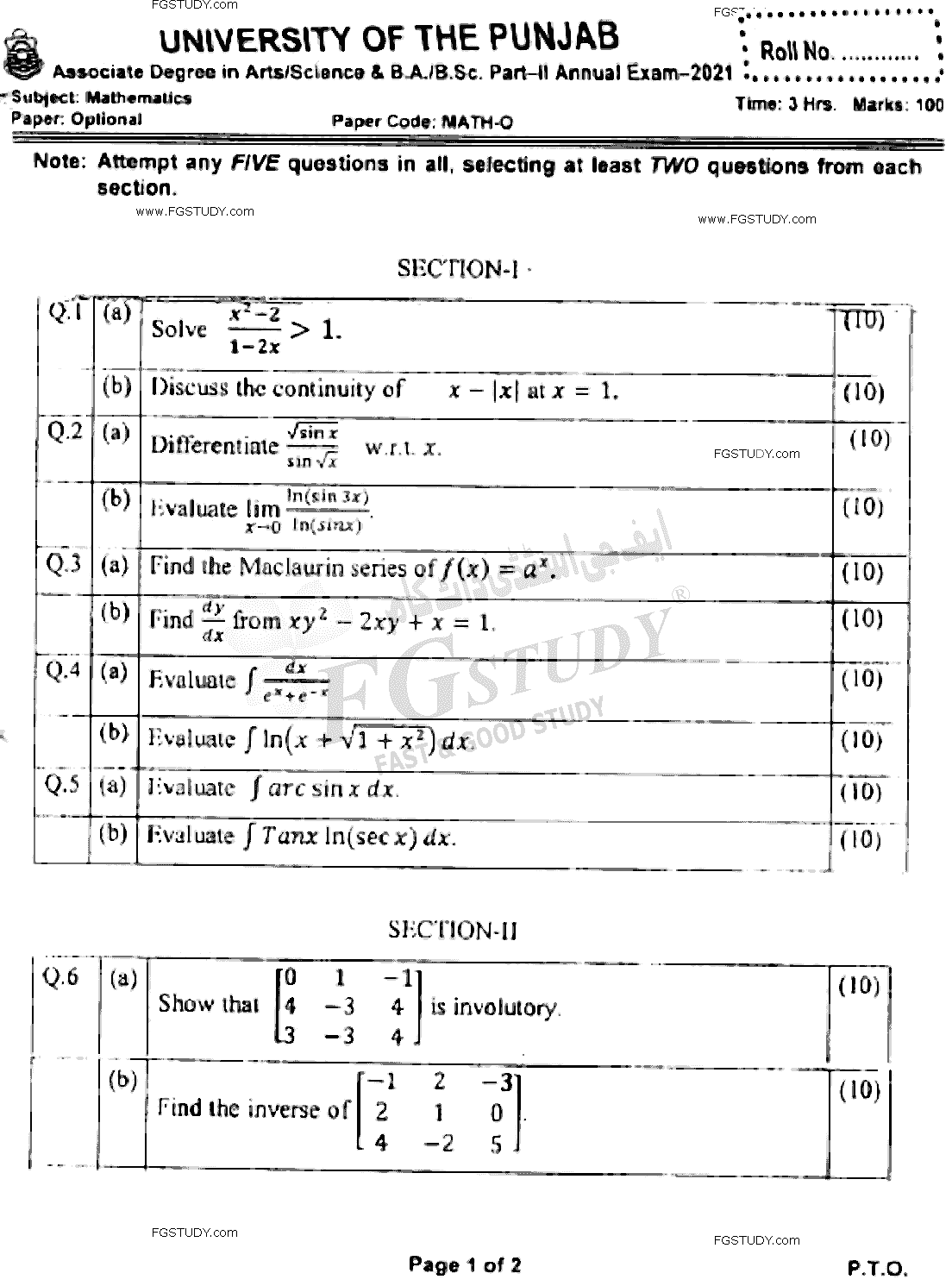 BSc Part 2 Mathematics Optional Past Paper 2021 Punjab University Subjective