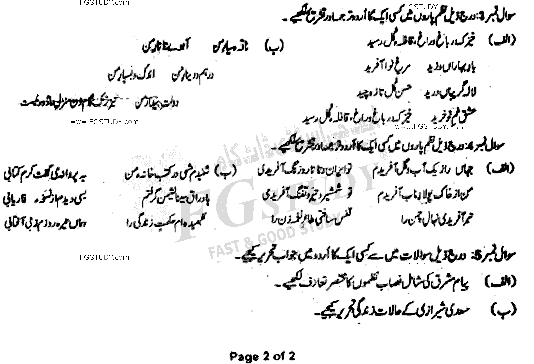 BSc Part 2 Persian Optional Past Paper 2021 Punjab University Group 2 Subjective