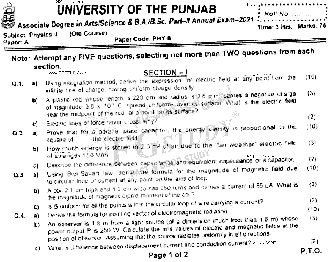 BSc Part 2 Physics 2 Past Paper 2021 Punjab University Subjective