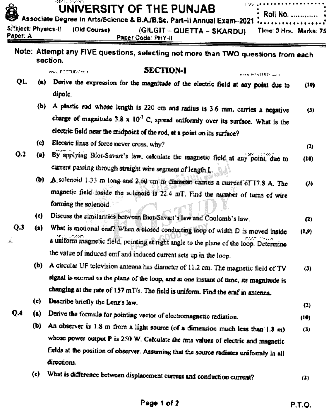 BSc Part 2 Physics 2 Past Paper 2021 Punjab University Subjective