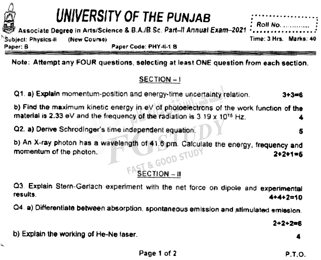 BSc Part 2 Physics 2 Past Paper 2021 Punjab University Subjective