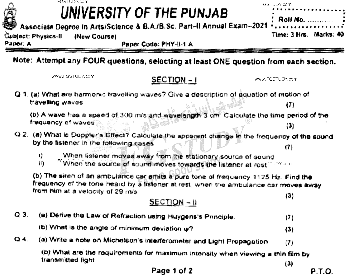BSc Part 2 Physics 2 Past Paper 2021 Punjab University Subjective