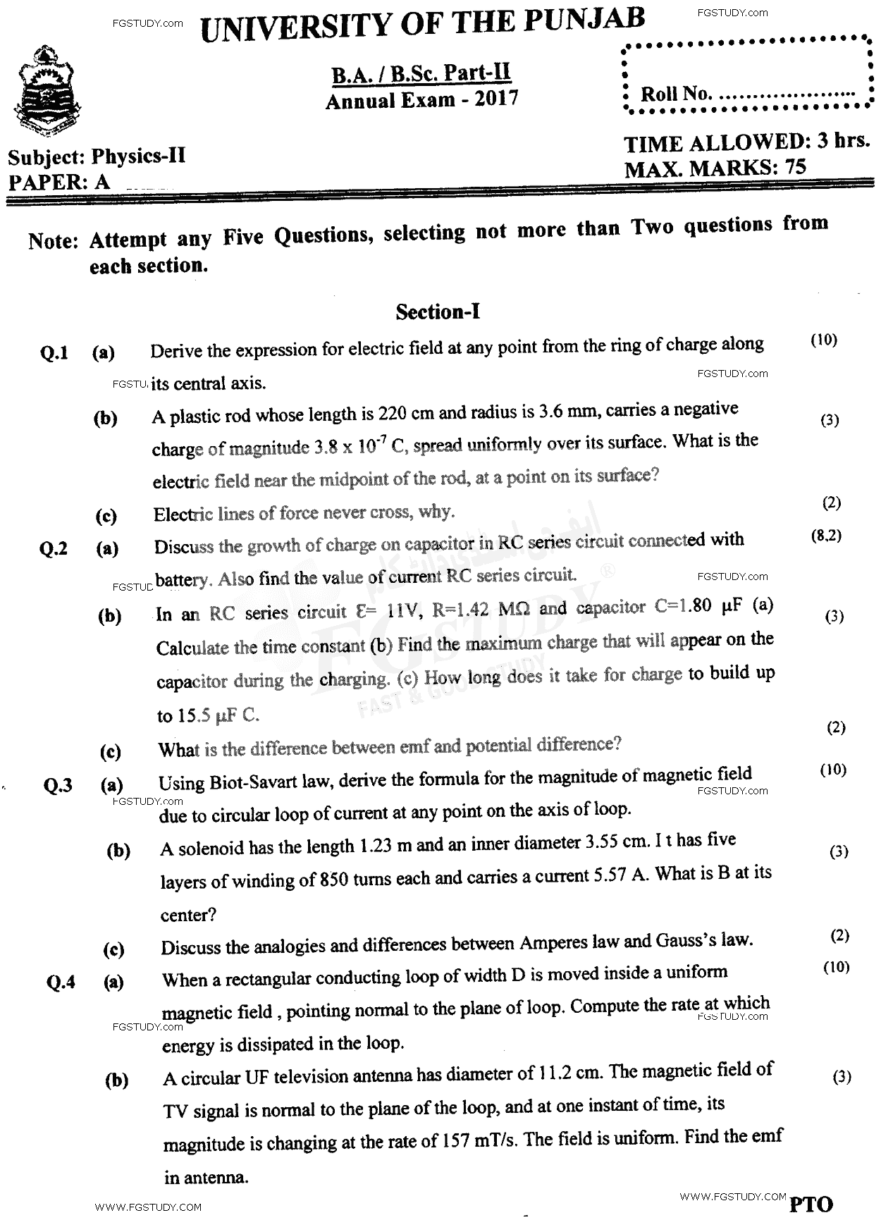 BSc Part 2 Physics 2 Past Paper 2017 Punjab University