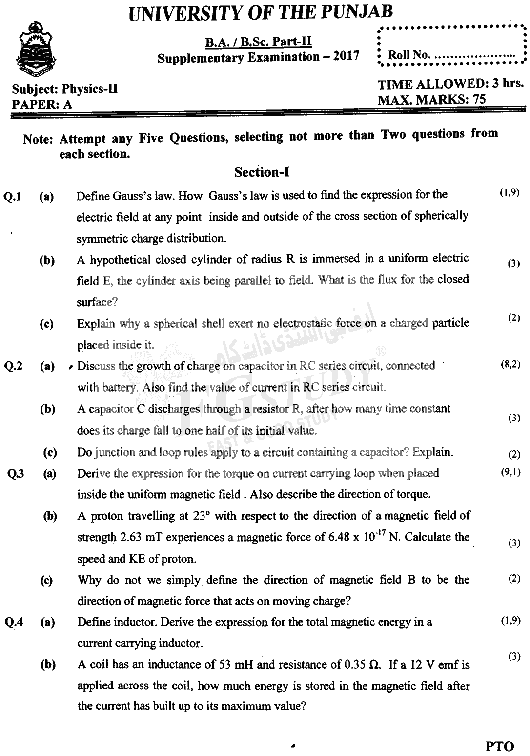 BSc Part 2 Physics 2 Past Paper 2017 Punjab University