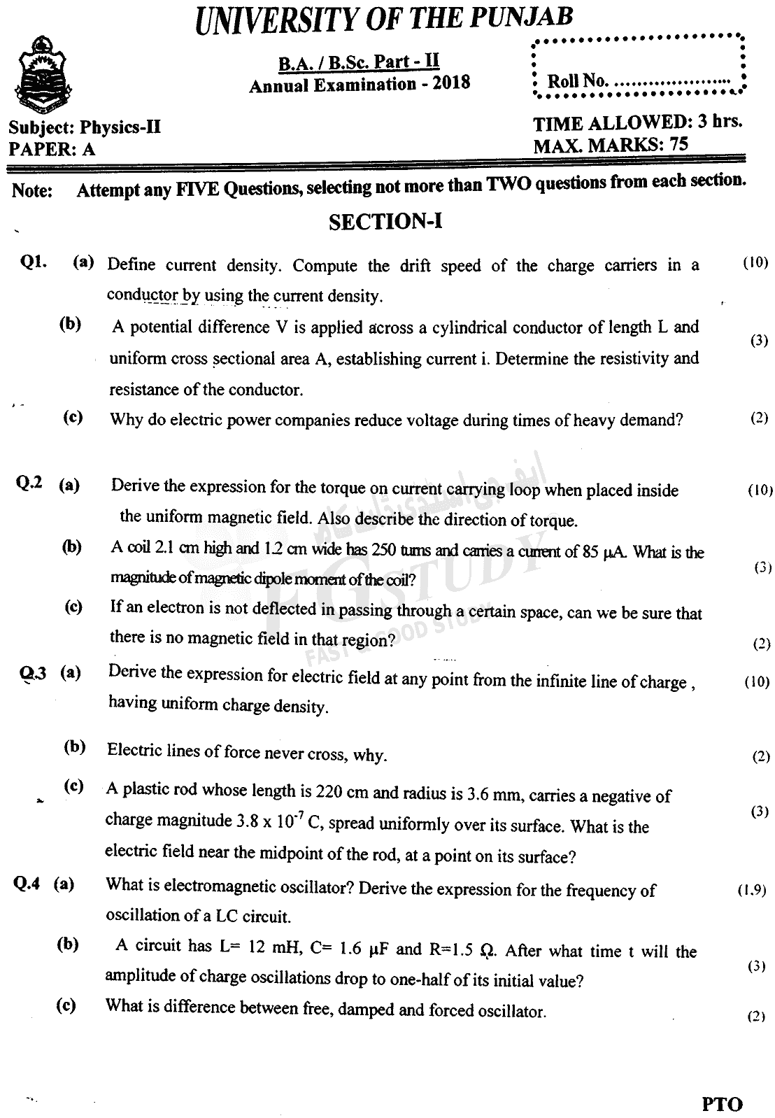 BSc Part 2 Physics 2 Past Paper 2018 Punjab University