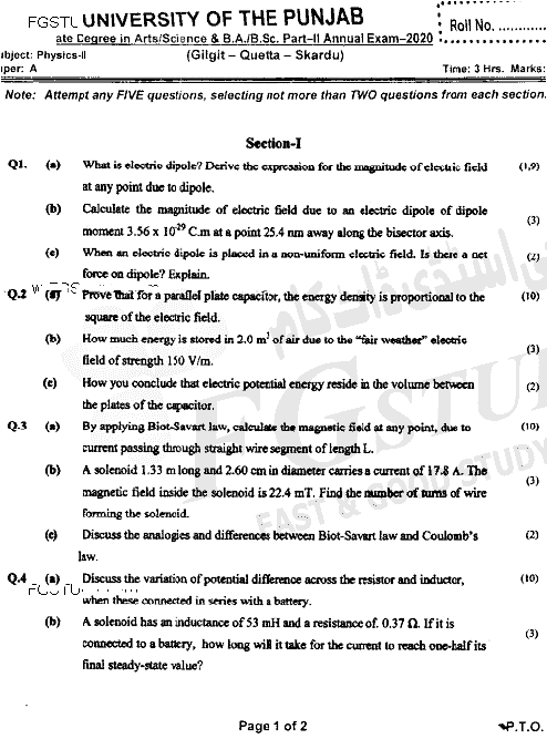 BSc Part 2 Physics 2 Past Paper 2020 Punjab University