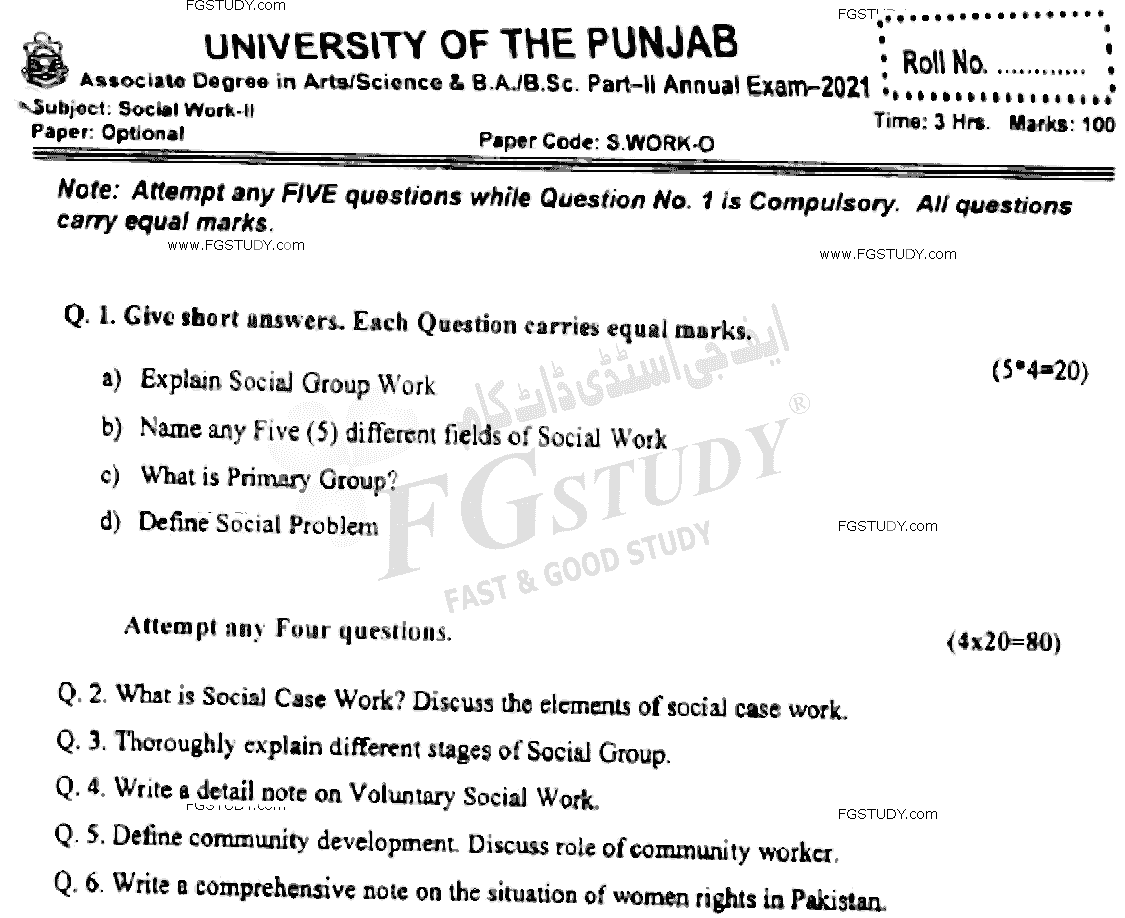 BSc Part 2 Social Work 2 Optional Past Paper 2021 Punjab University Subjective