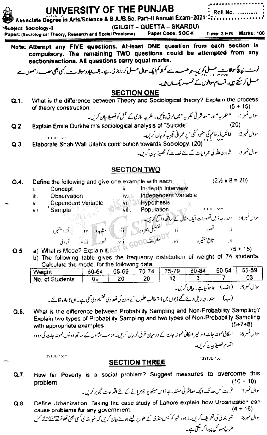 BSc Part 2 Sociology 2 Sociological Theory Research And Social Problems Past Paper 2021 Punjab University Subjective