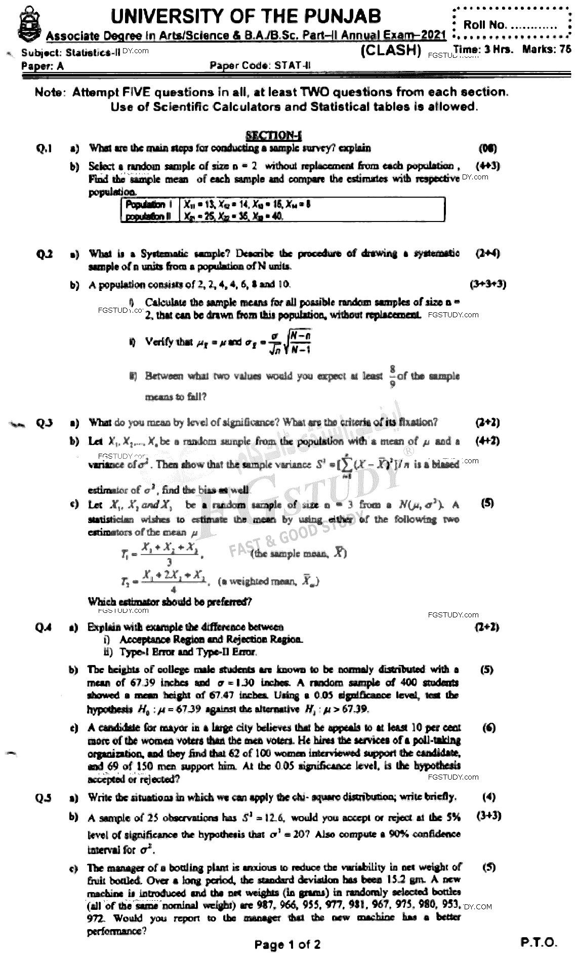 BSc Part 2 Statistics 2 Past Paper 2021 Punjab University Subjective