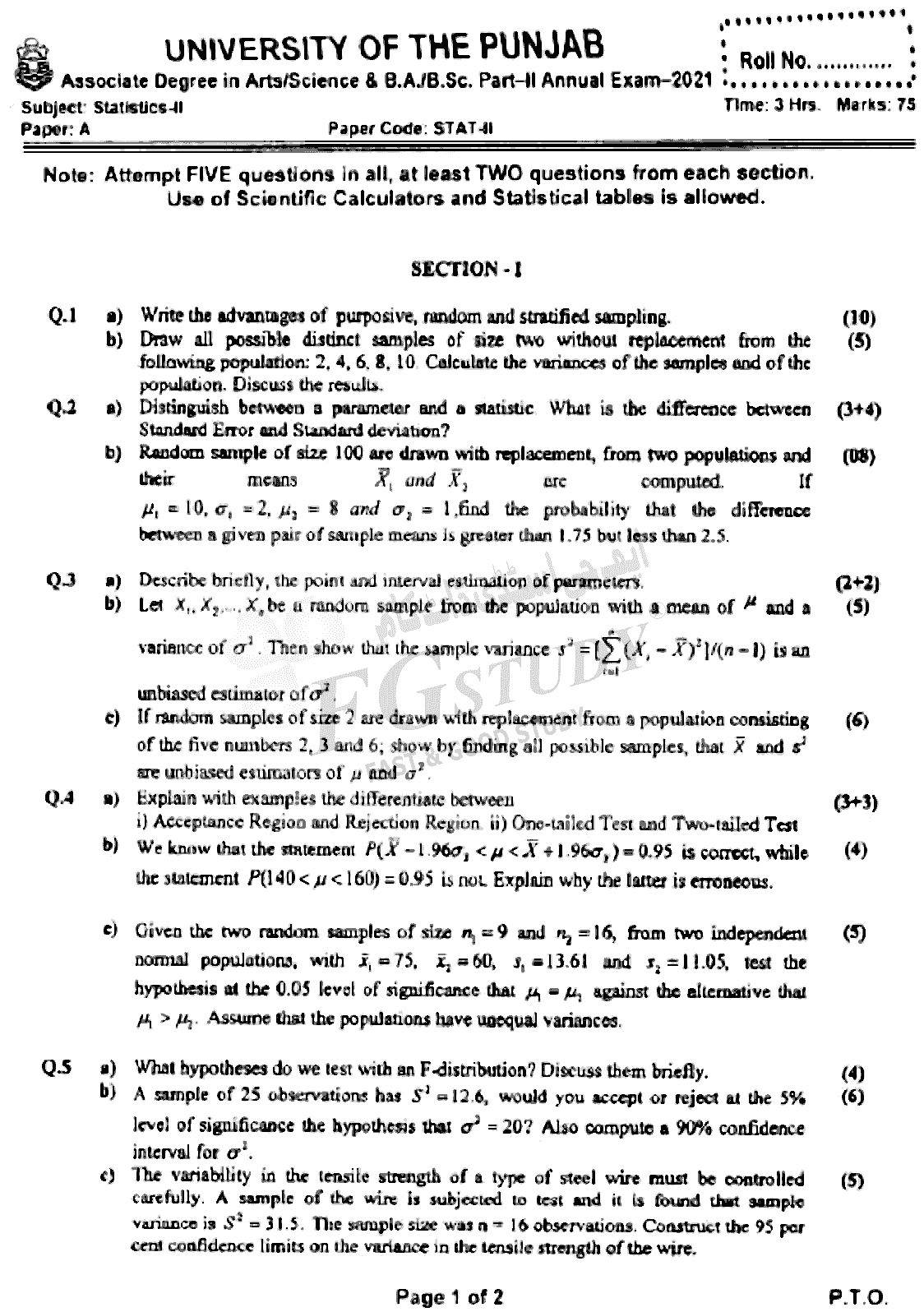 BSc Part 2 Statistics 2 Past Paper 2021 Punjab University Subjective