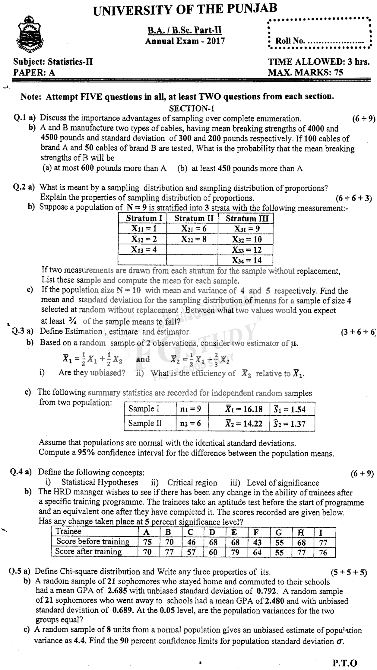 BSc Part 2 Statistics 2 Past Paper 2017 Punjab University