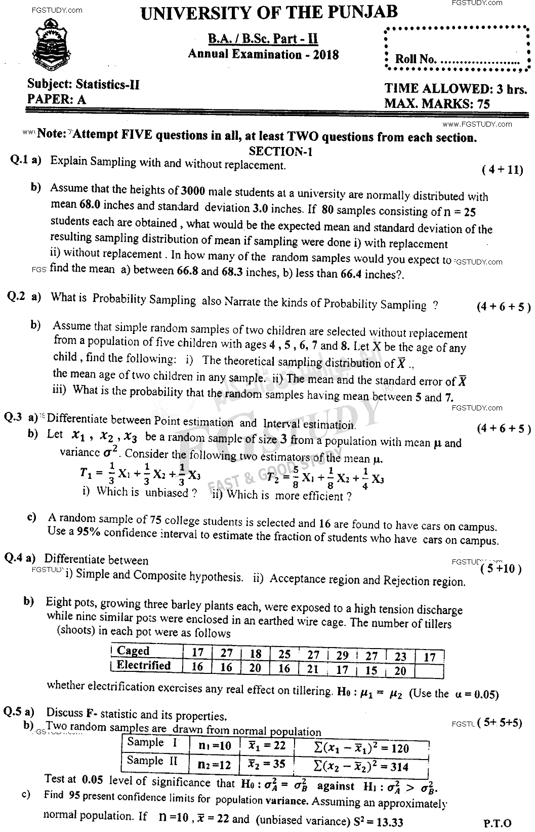 BSc Part 2 Statistics 2 Past Paper 2018 Punjab University