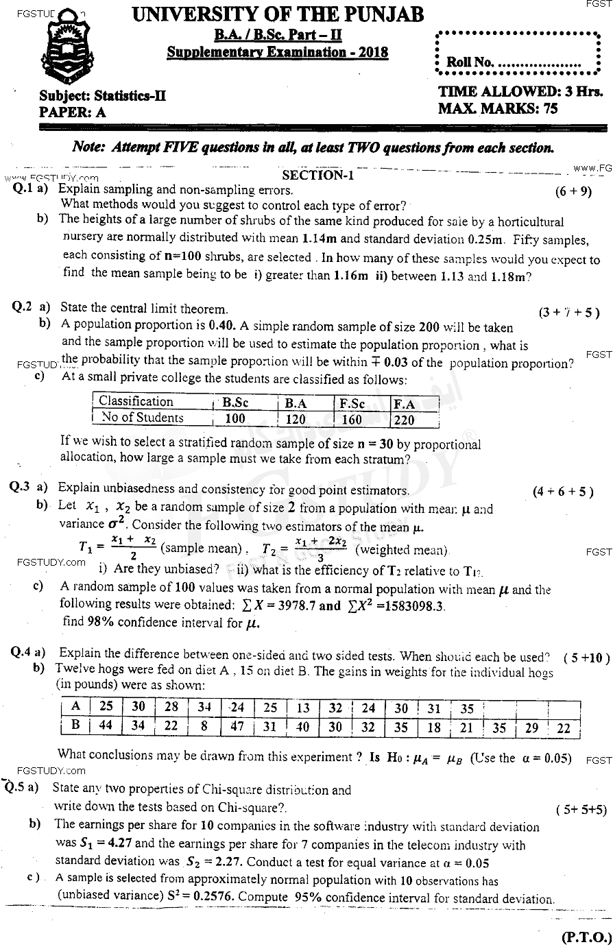 BSc Part 2 Statistics 2 Past Paper 2018 Punjab University
