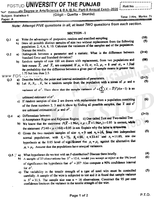 BSc Part 2 Statistics 2 Past Paper 2020 Punjab University