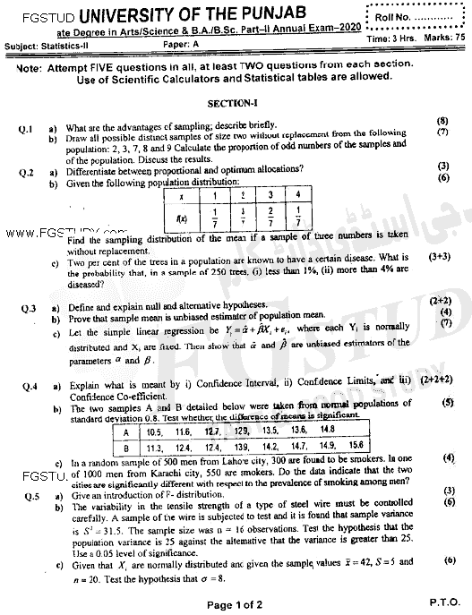 BSc Part 2 Statistics 2 Past Paper 2020 Punjab University
