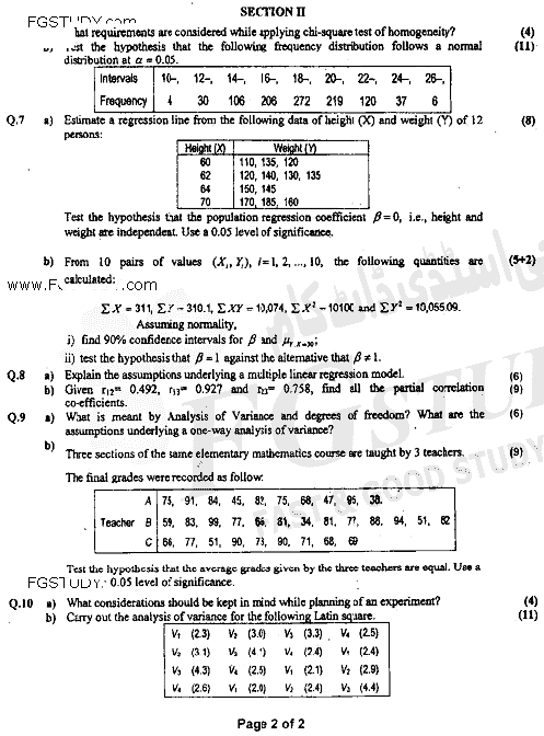 BSc Part 2 Statistics 2 Past Paper 2020 Punjab University