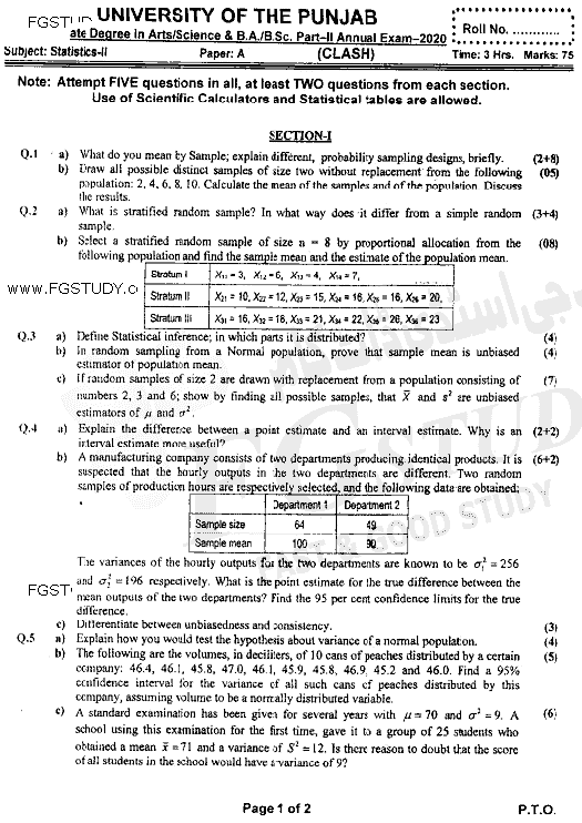 BSc Part 2 Statistics 2 Past Paper 2020 Punjab University