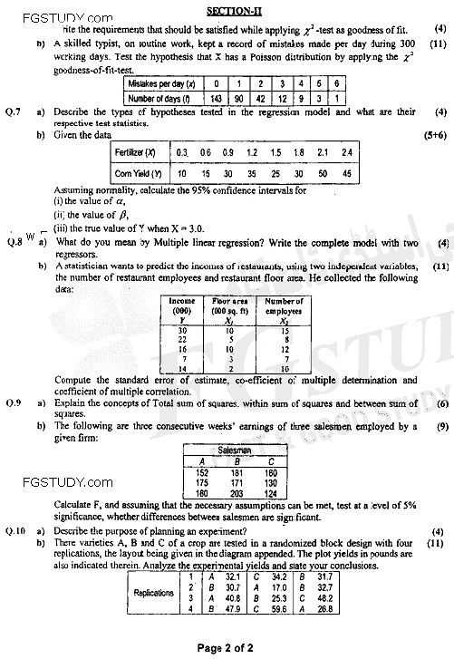 BSc Part 2 Statistics 2 Past Paper 2020 Punjab University