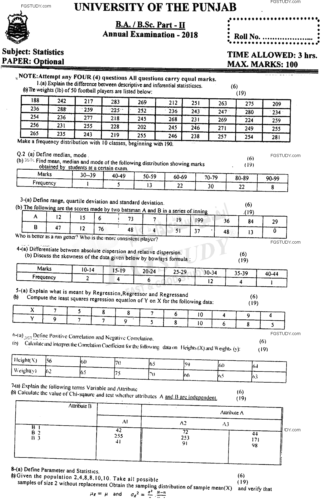 BSc Part 2 Statistics Optional Past Paper 2018 Punjab University
