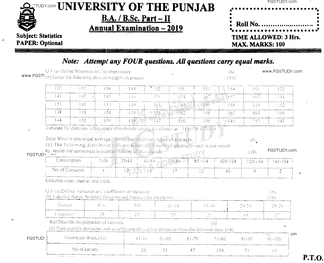 BSc Part 2 Statistics Optional Past Paper 2019 Punjab University