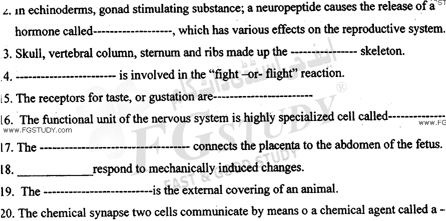 BSc Part 2 Zoology 2 Animal Form And Function Past Paper 2017 Punjab University Objective