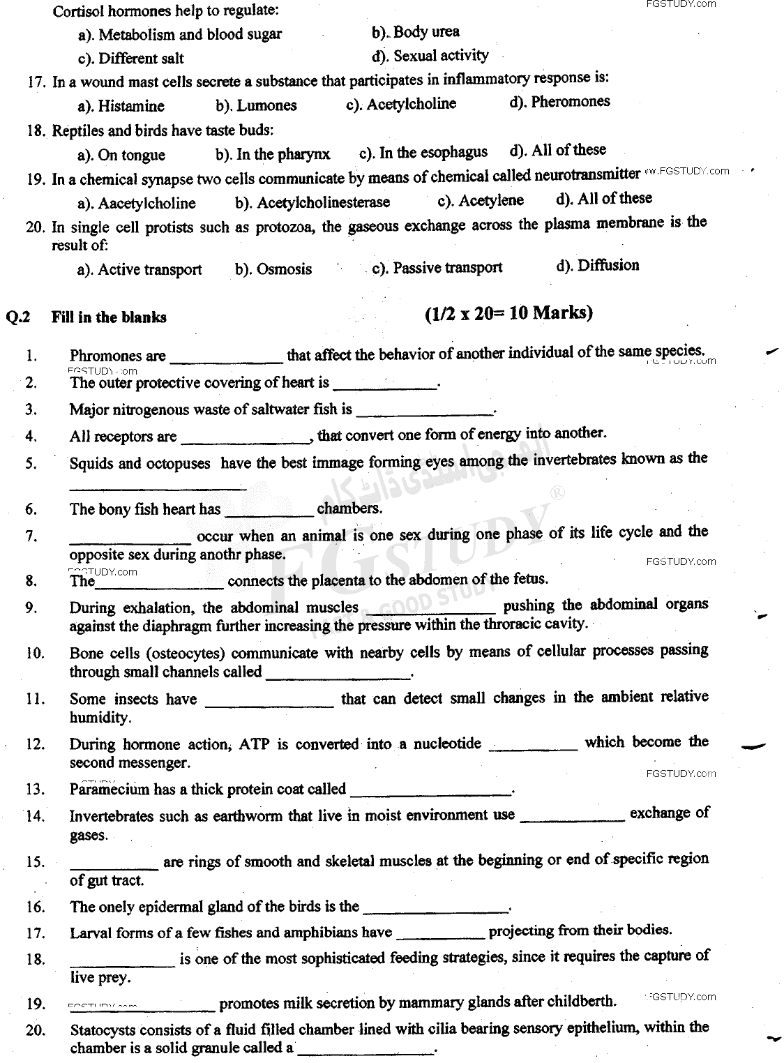 BSc Part 2 Zoology 2 Animal Form And Function Past Paper 2018 Punjab University Objective