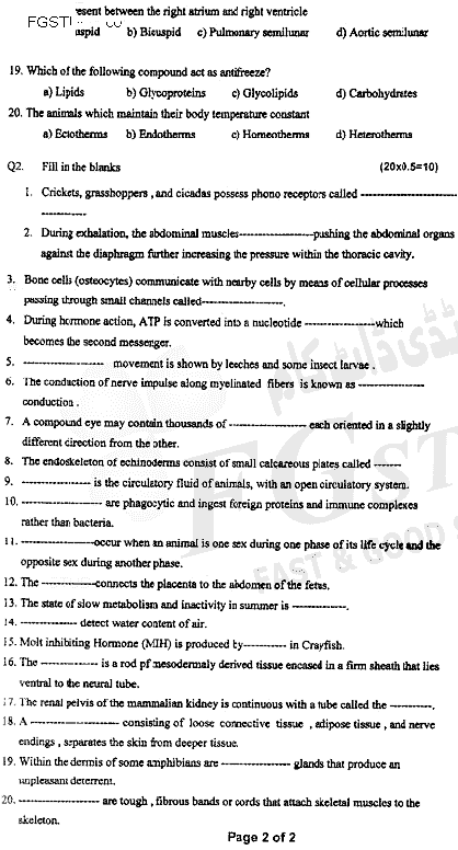 BSc Part 2 Zoology 2 Animal Form And Function Past Paper 2020 Punjab University Objective