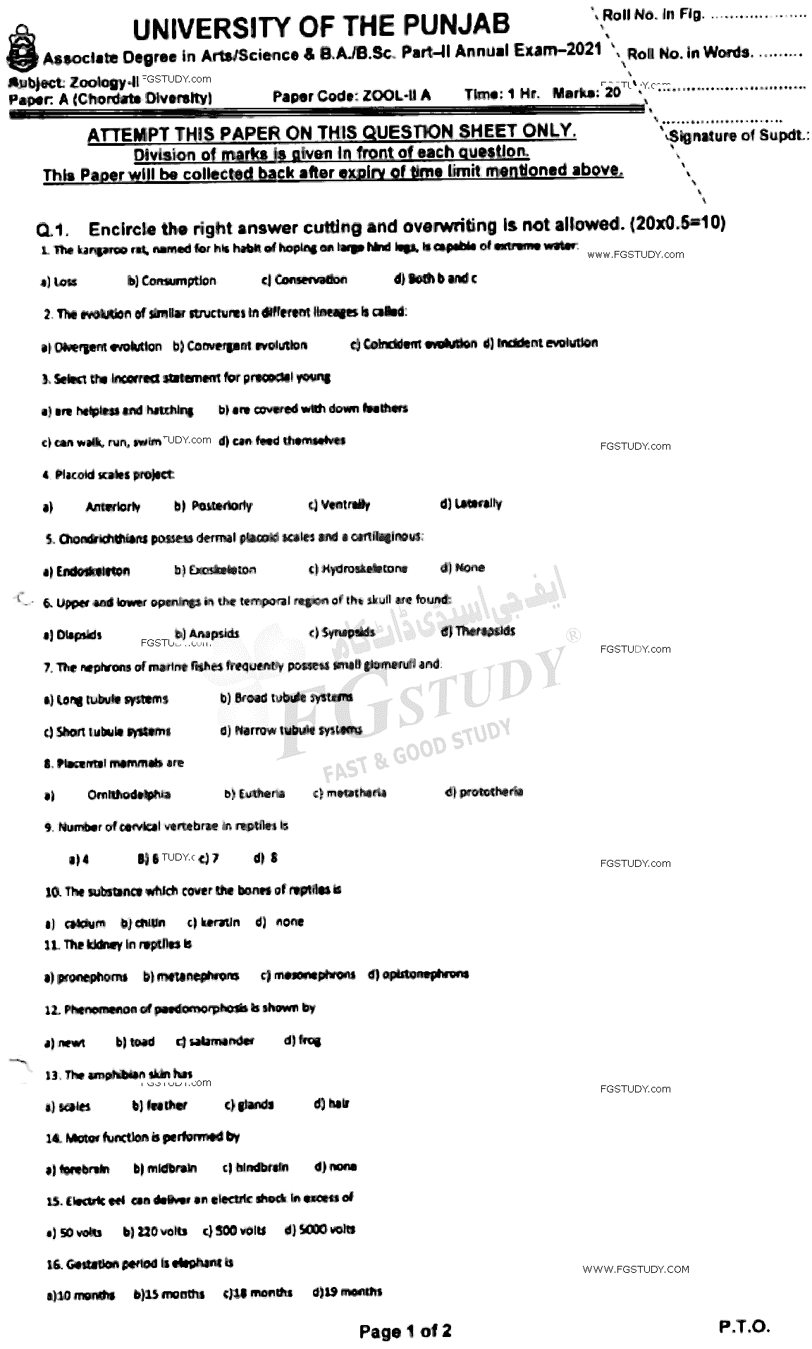 BSc Part 2 Zoology 2 Chordates Diversity Past Paper 2021 Punjab University Objective