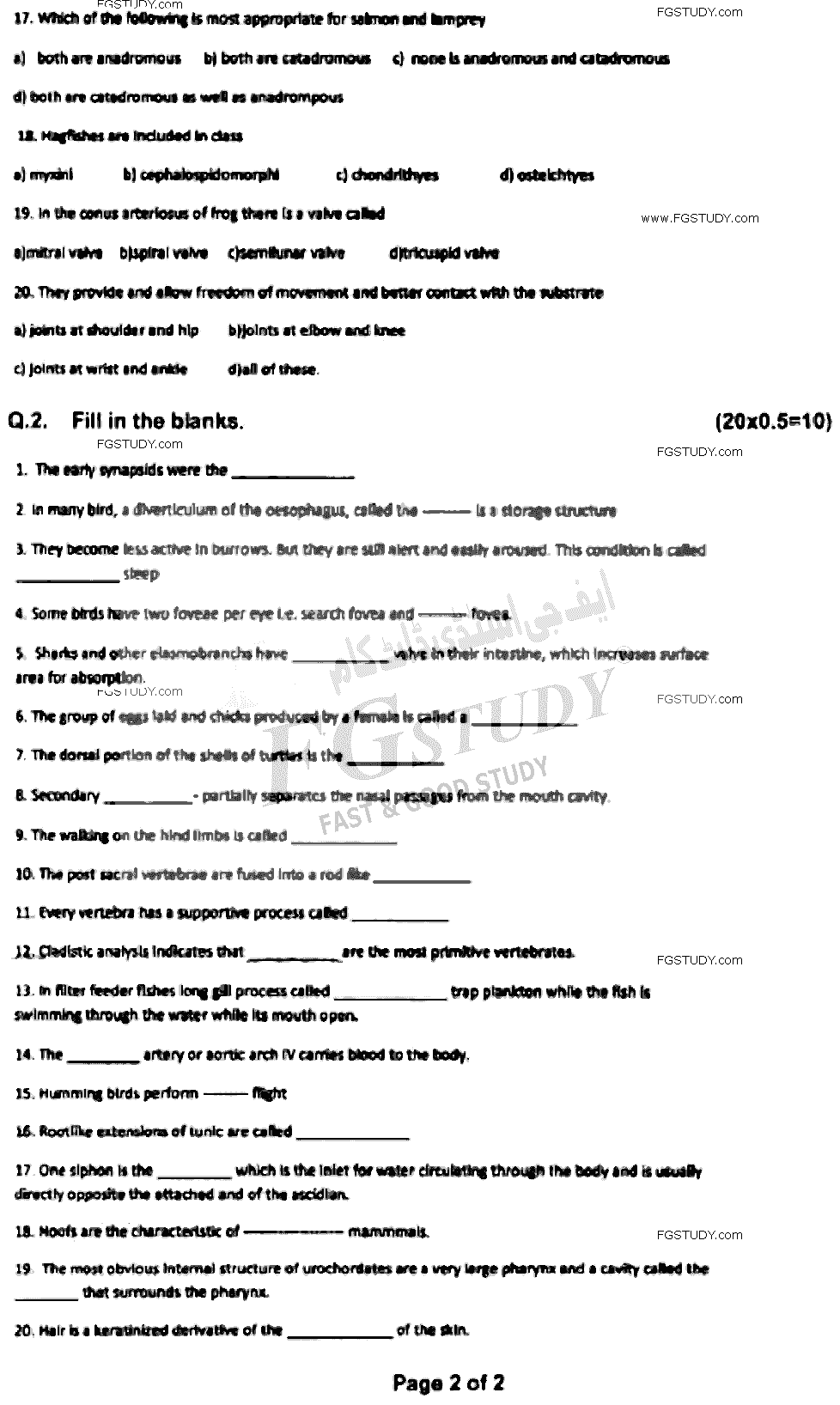 BSc Part 2 Zoology 2 Chordates Diversity Past Paper 2021 Punjab University Objective