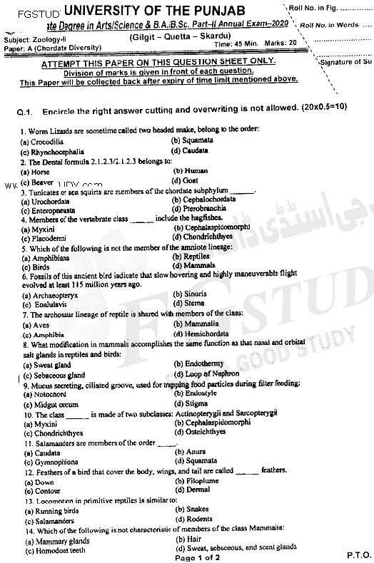 BSc Part 2 Zoology 2 Chordates Diversity Past Paper 2020 Punjab University Objective
