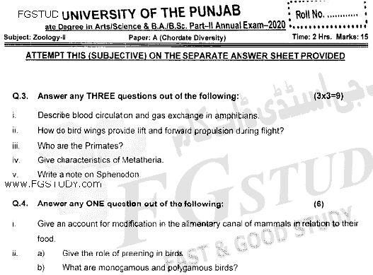 BSc Part 2 Zoology 2 Chordates Diversity Past Paper 2020 Punjab University Subjective