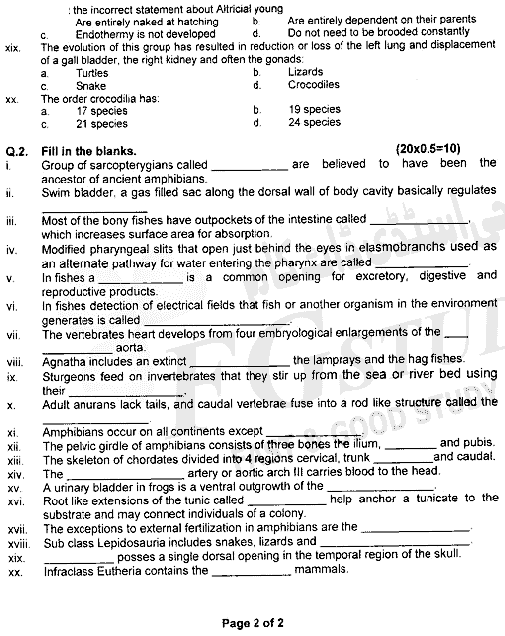 BSc Part 2 Zoology 2 Chordates Diversity Past Paper 2020 Punjab University Objective