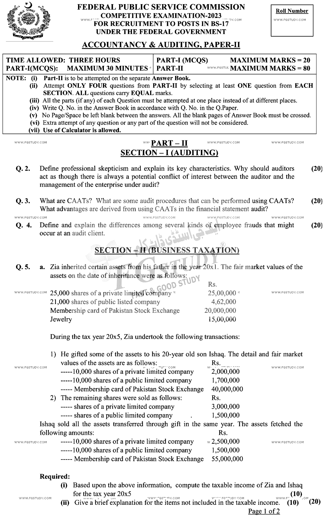 CSS Accountancy And Auditing 2 Past Paper 2023 Federal Public Service Commission