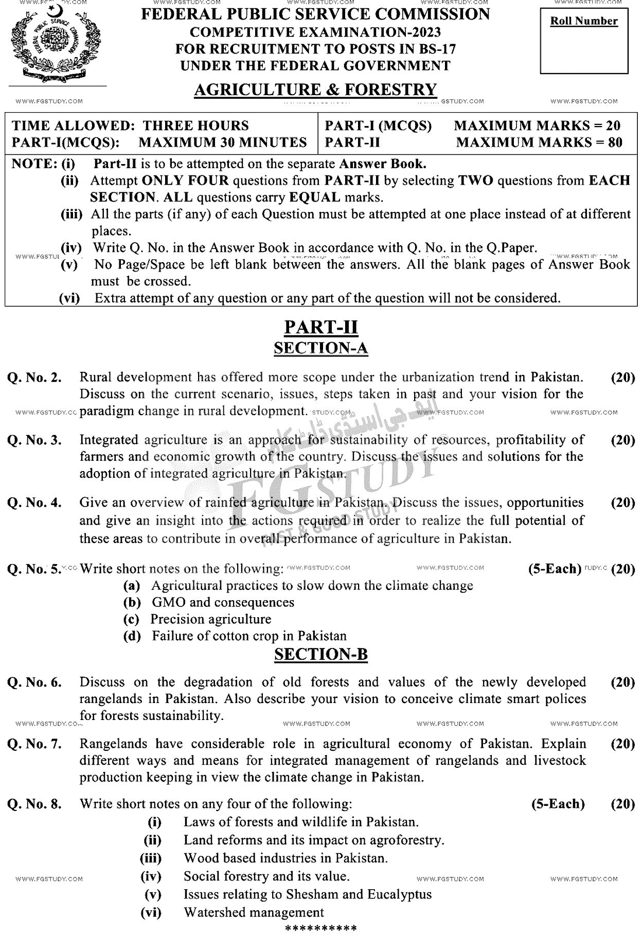 CSS Agriculture And Forestry Past Paper 2023 Federal Public Service Commission