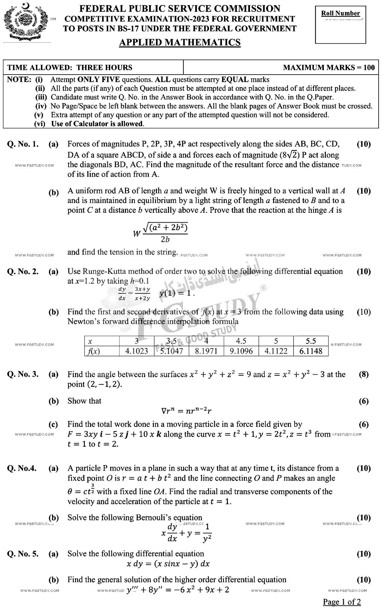 CSS Applied Mathematics Past Paper 2023 Federal Public Service Commission