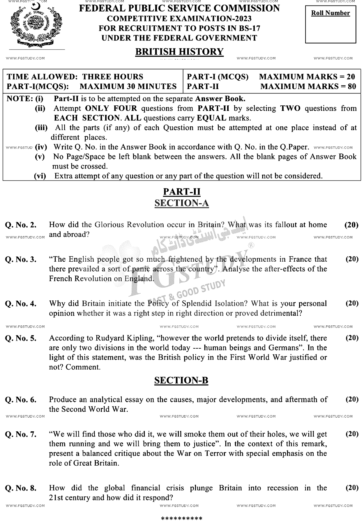 CSS British History Past Paper 2023 Federal Public Service Commission