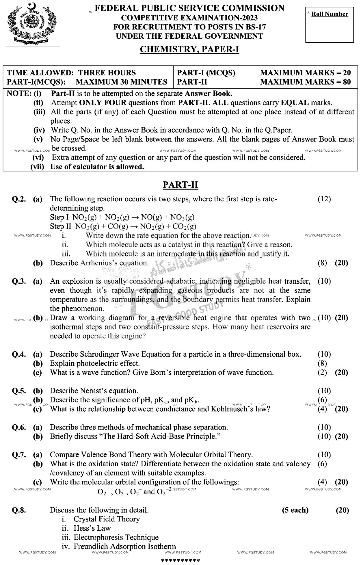 CSS Chemistry 1 Past Paper 2023 Federal Public Service Commission