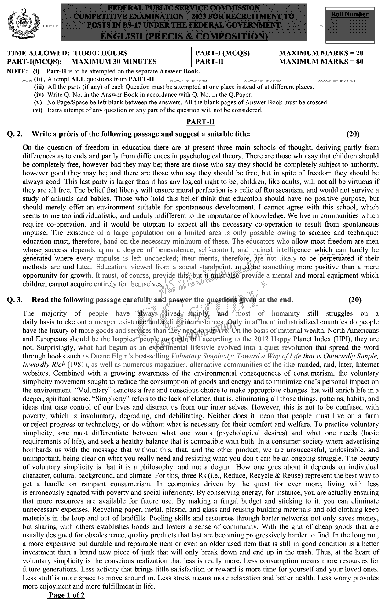CSS English Precis And Composition Past Paper 2023 Federal Public Service Commission