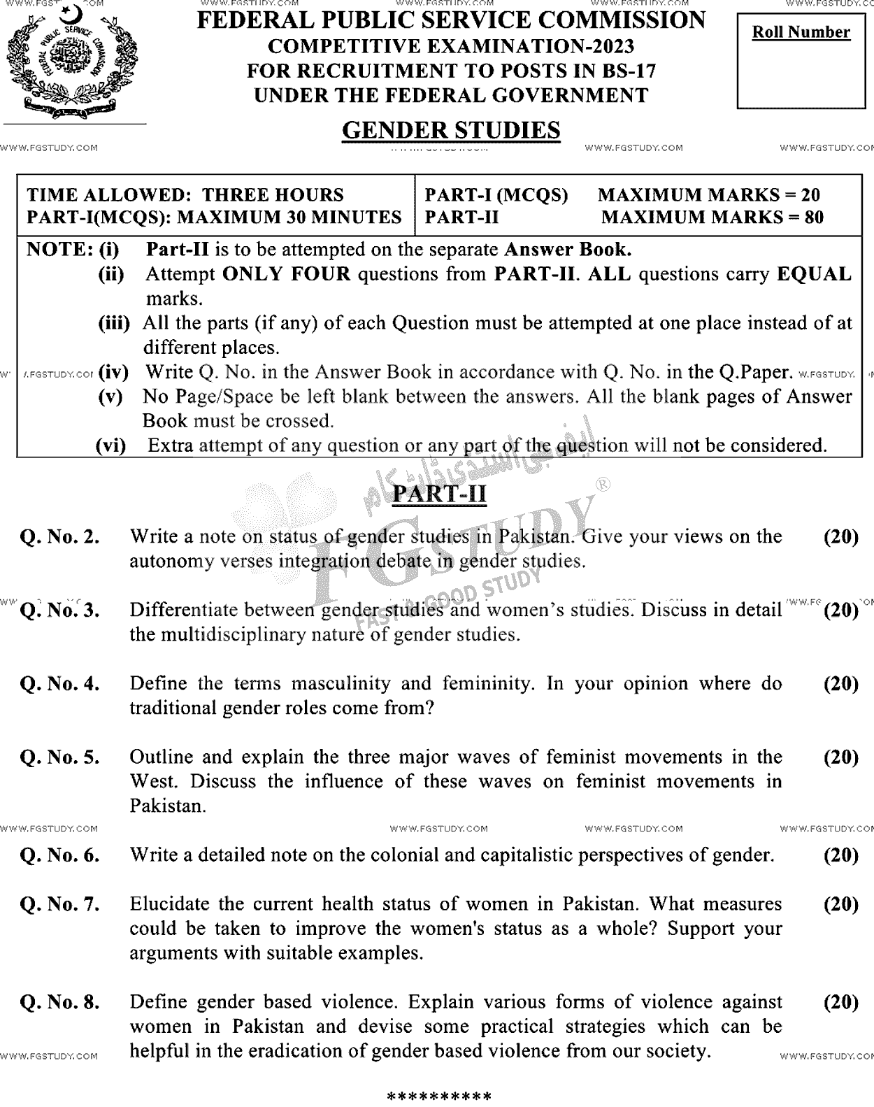 CSS Gender Studies Past Paper 2023 Federal Public Service Commission