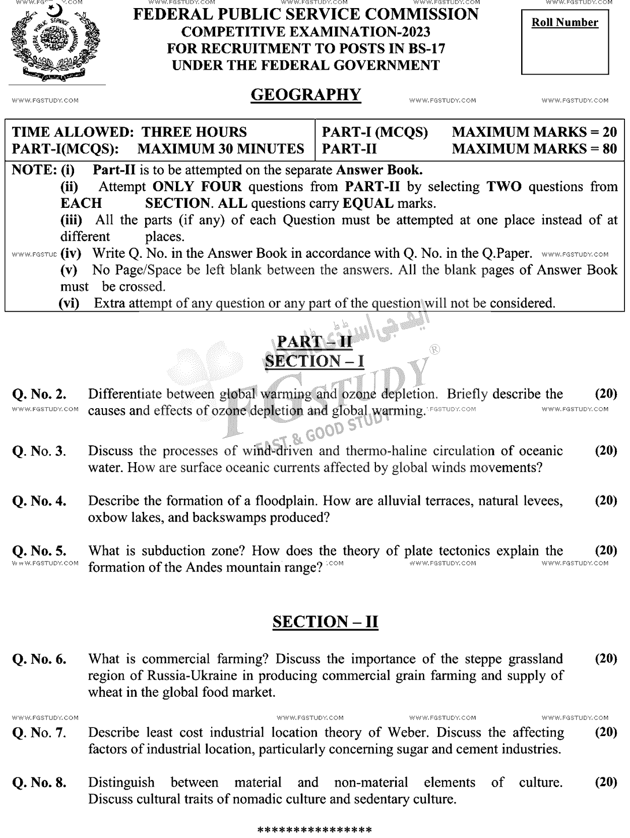 CSS Geography 2 Past Paper 2023 Federal Public Service Commission