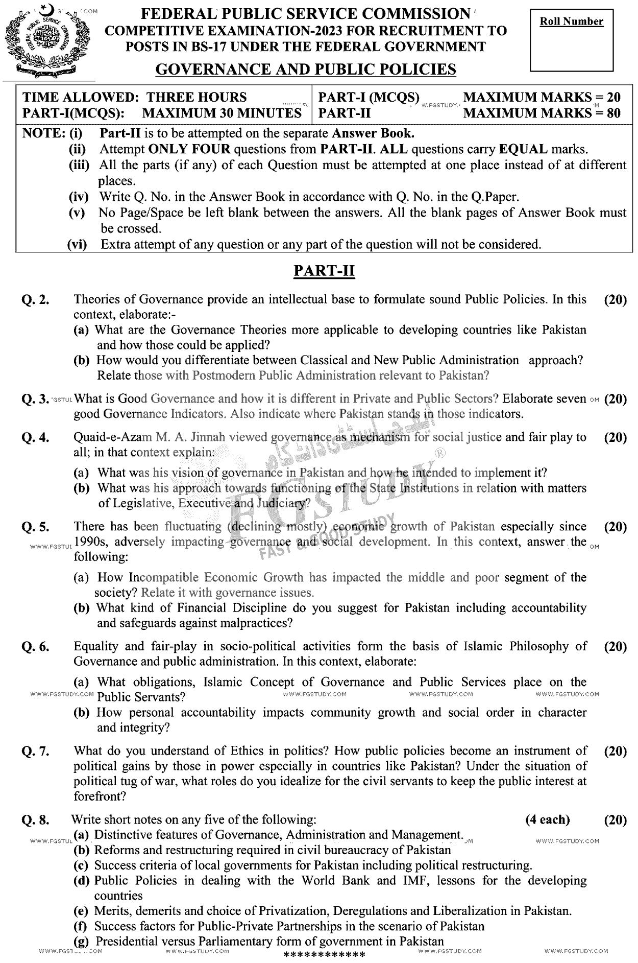 CSS Governance And Public Policies Past Paper 2023 Federal Public Service Commission