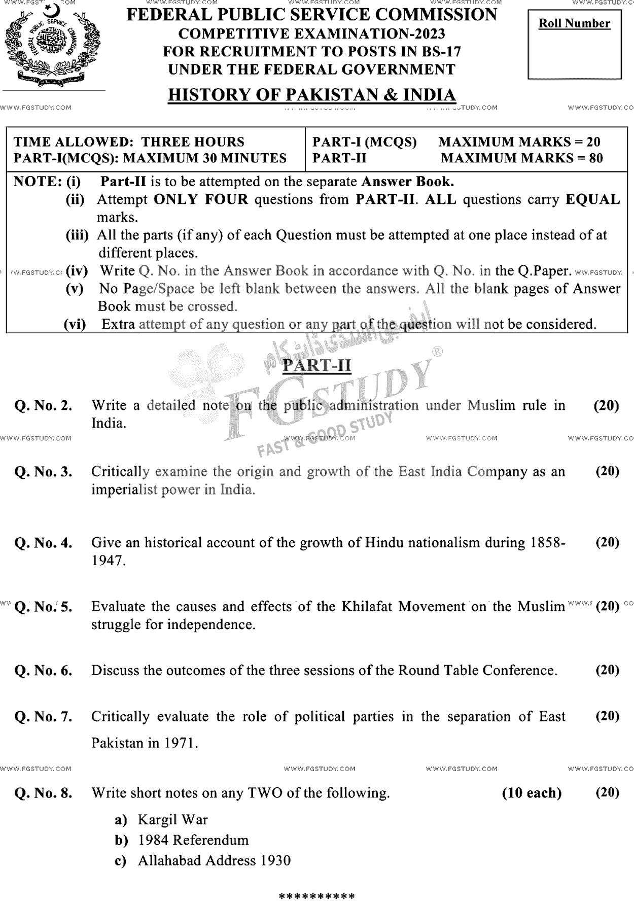 CSS History Of Pakistan And India Past Paper 2023 Federal Public Service Commission