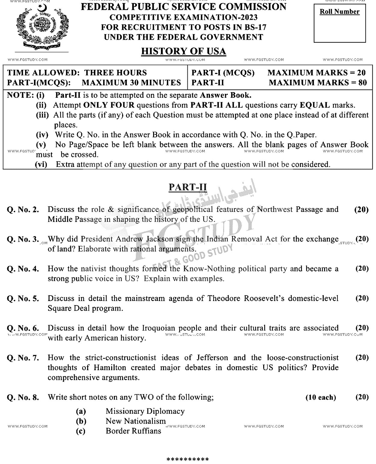 CSS History Of Usa Past Paper 2023 Federal Public Service Commission