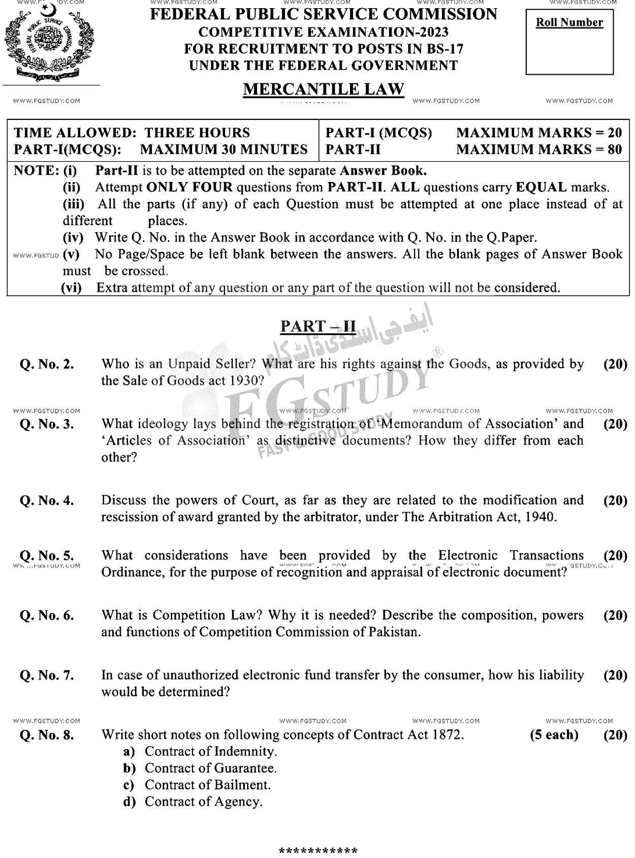 CSS Mercantile Law Past Paper 2023 Federal Public Service Commission
