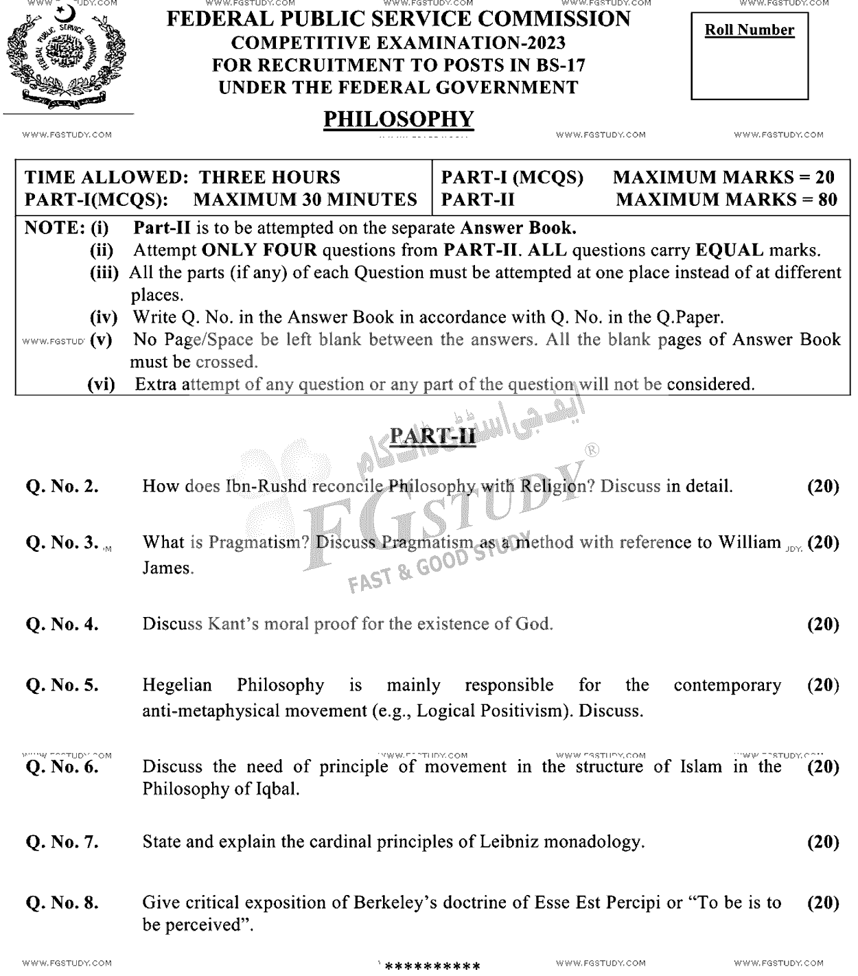 CSS Philosophy Past Paper 2023 Federal Public Service Commission