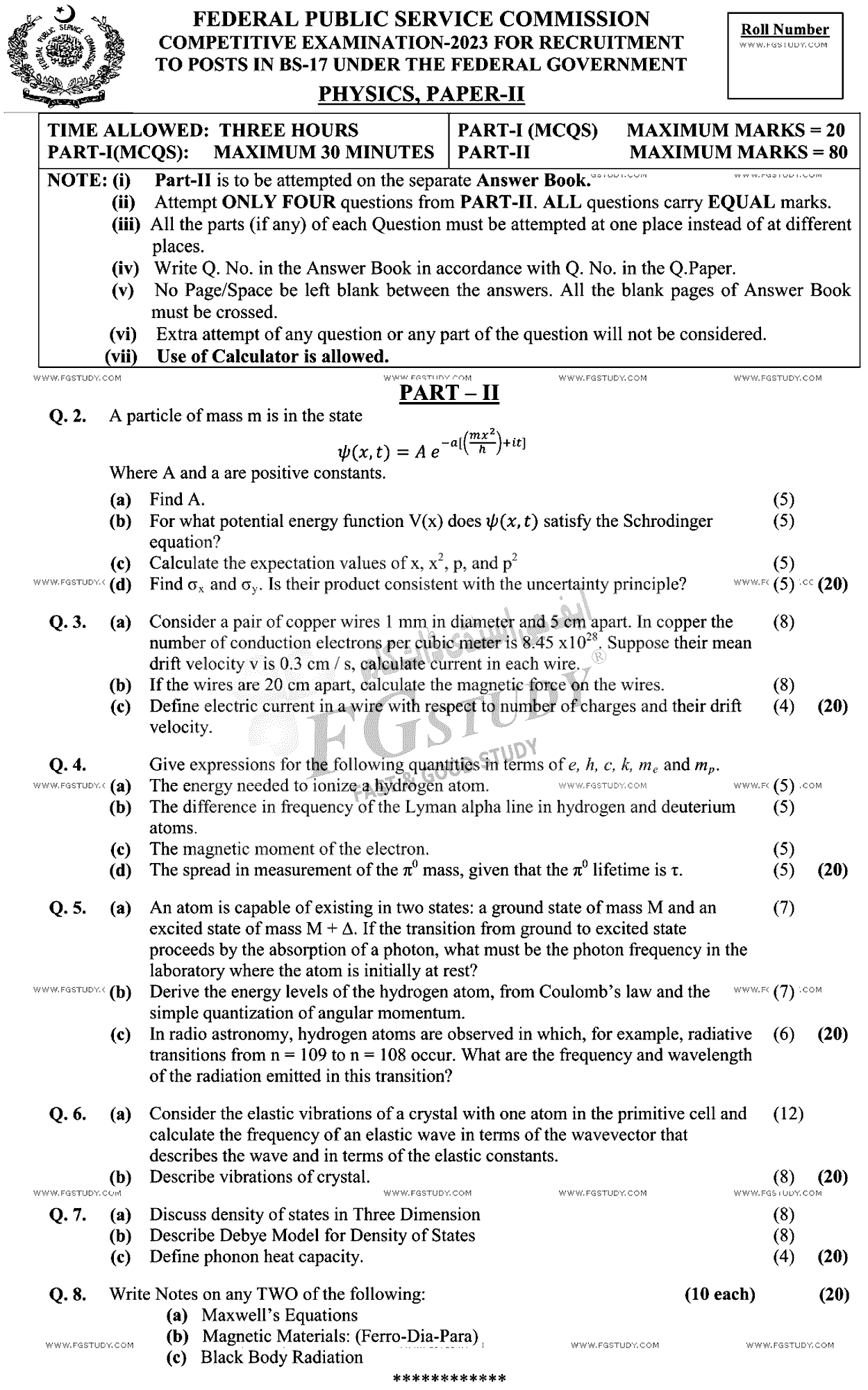 CSS Physics 2 Past Paper 2023 Federal Public Service Commission