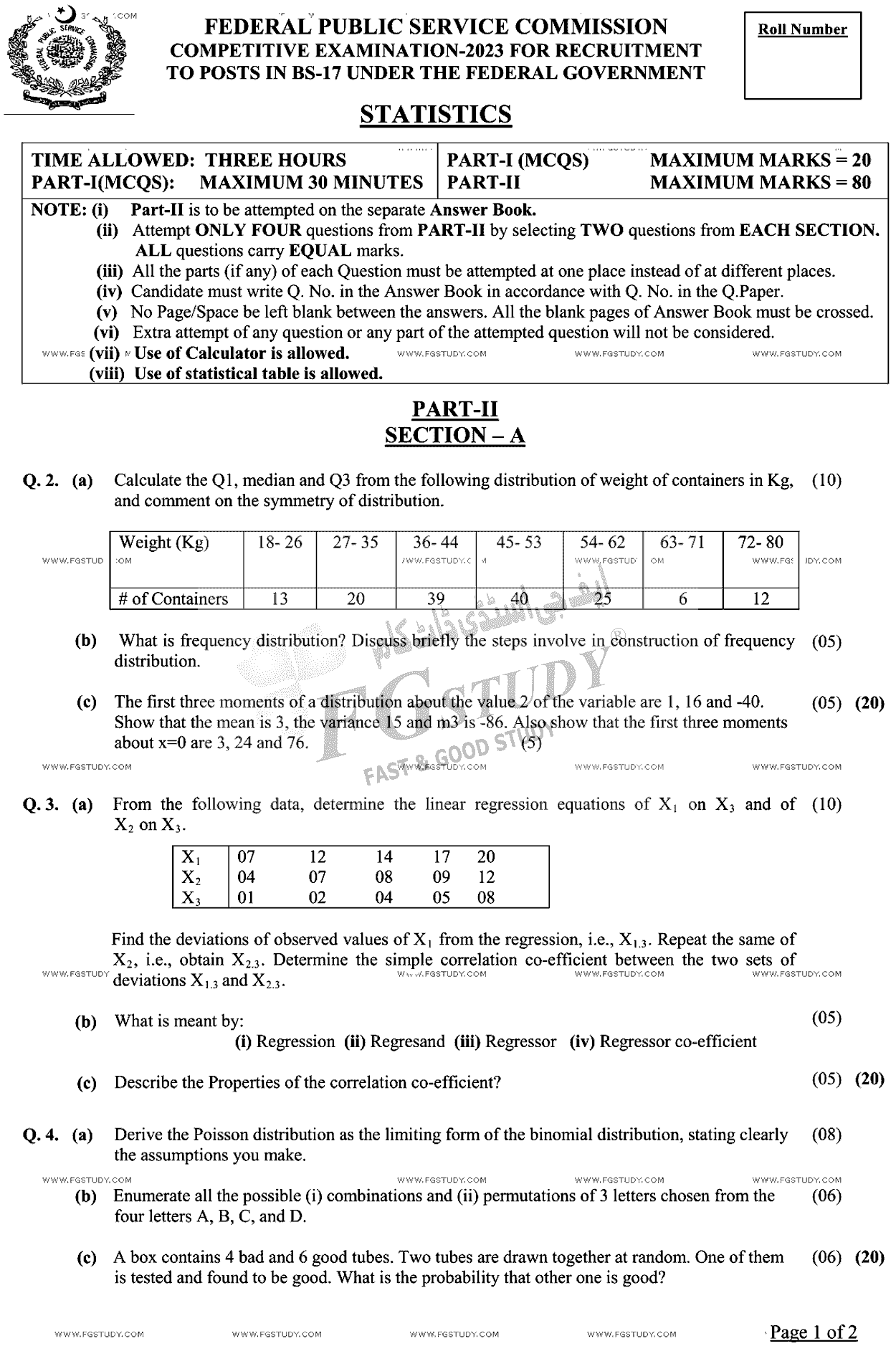 CSS Statistics Past Paper 2023 Federal Public Service Commission
