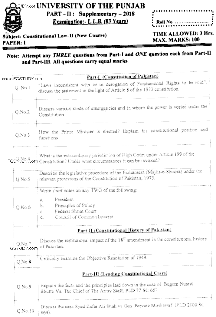 LLB Part 1 Constitutional Law 2 Past Paper 2018 Punjab University